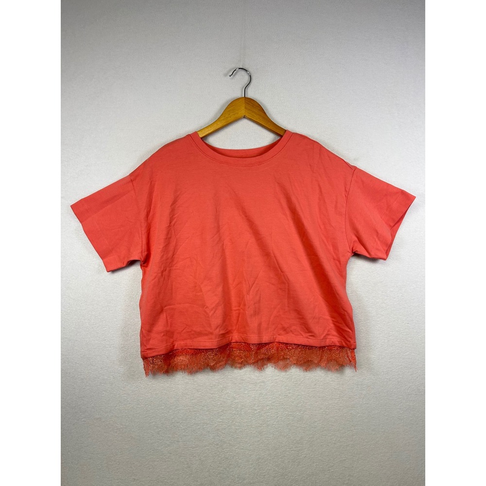 NWT LOFT Women Coral Lace Trim Cropped T Shirt Short Sleeve Casual Top Size S